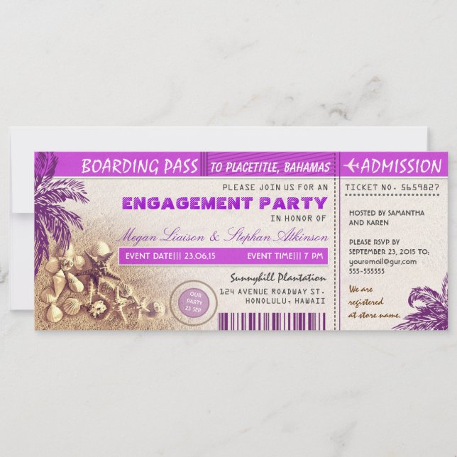 purple boarding pass tickets for Engagement Party Invitation (Front)
