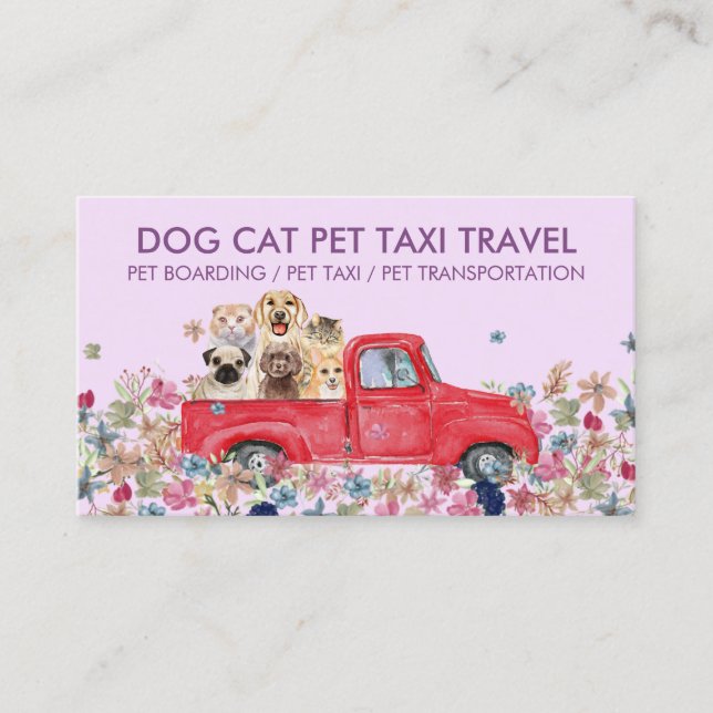 Purple Boarding Truck Flowers Dogs Cats Pet Business Card (Front)