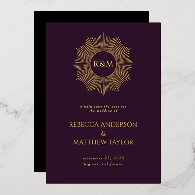 Purple Boho Celestial Sun Monogram Save Date (Front/Back)