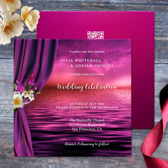 Purple Boho Chic Butterfly All-in-one Wedding Invitation (Boho chic all-in-one wedding invitation showing an ocean with roses and butterflies in purple pink)