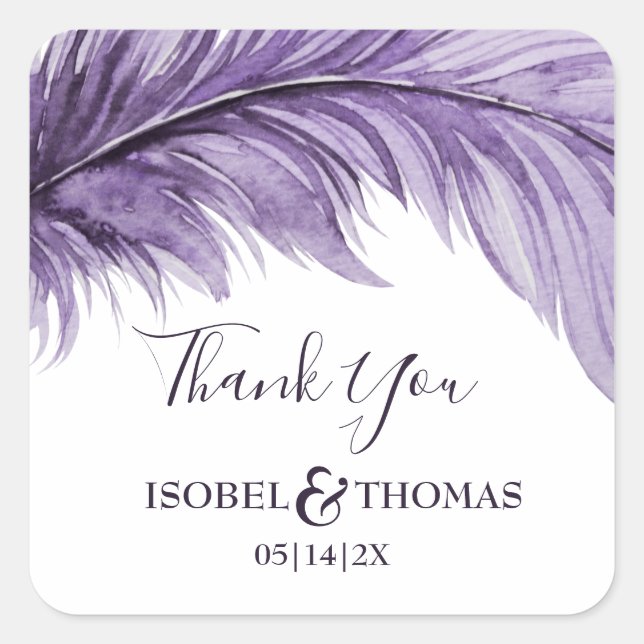 Purple Boho Feather Elegant Wedding Thank You Square Sticker (Front)