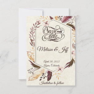Purple boho feathers save the date