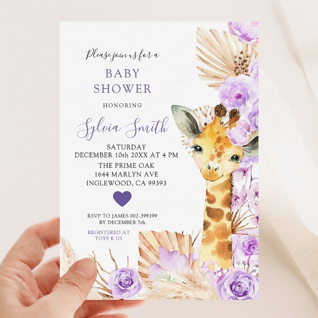 Purple Boho Floral Giraffe Girl Baby Shower Invitation (Creator Uploaded)