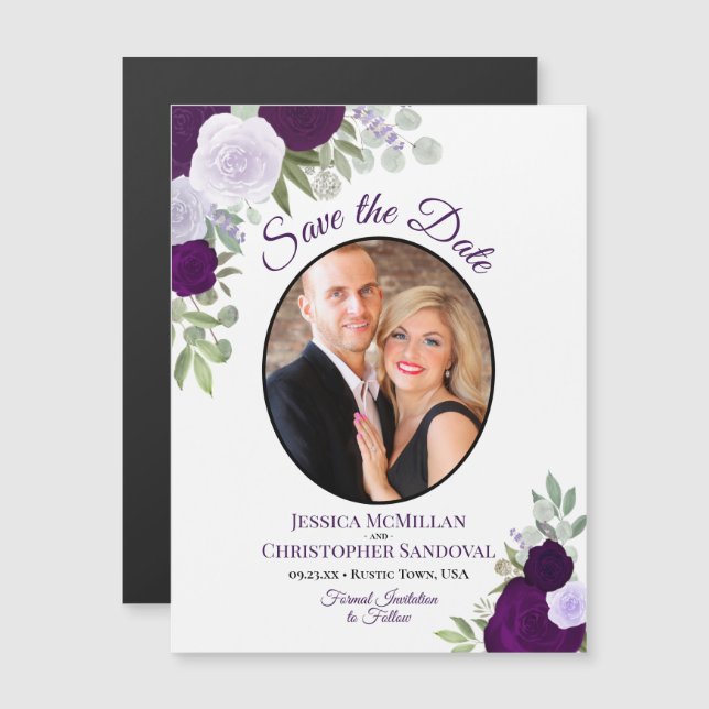 Purple Boho Floral & Photo Wedding Save the Date Magnetic Invitation (Front/Back)