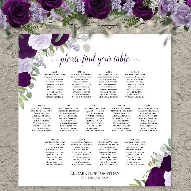 Purple Boho Roses 13 Table Wedding Seating Chart (In Situ on Wall with Flowers)
