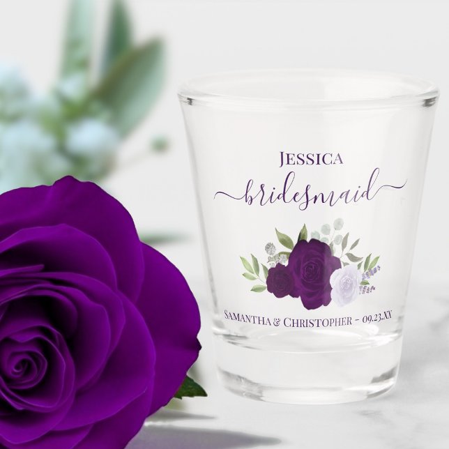 Purple Boho Roses Elegant Bridesmaid Wedding Shot Glass (Creator Uploaded)