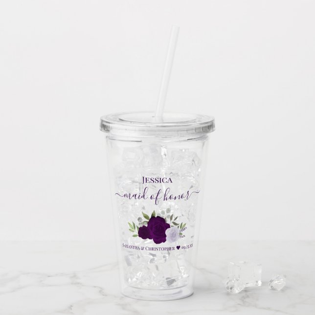 Purple Boho Roses Elegant Maid of Honour Wedding Acrylic Tumbler (Back Ice)