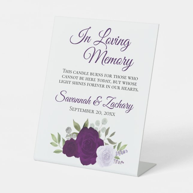 Purple Boho Roses Loving Memory Wedding Memorial Pedestal Sign (Front)