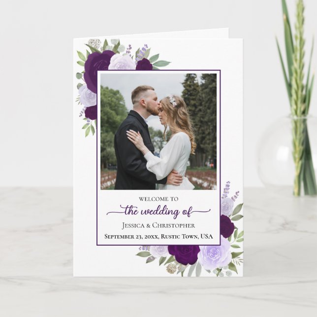 Purple Boho Roses & Photo Elegant Wedding Program (Front)