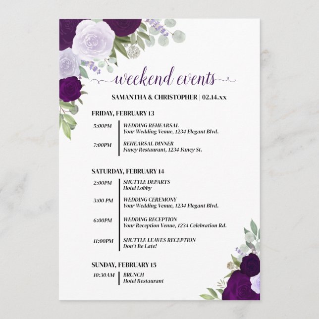 Purple Boho Roses Wedding Events & Timeline Program (Front)