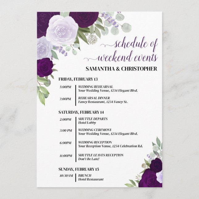 Purple Boho Roses Wedding Events & Timeline Program (Front)