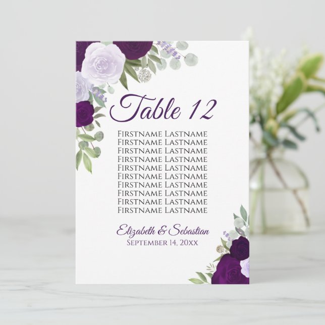Purple Boho Roses Wedding Seating Chart Card Large (Standing Front)