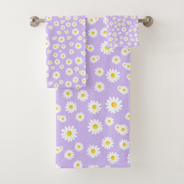 Purple Boho Spring Daisies Pattern Bath Towel Set (Insitu)