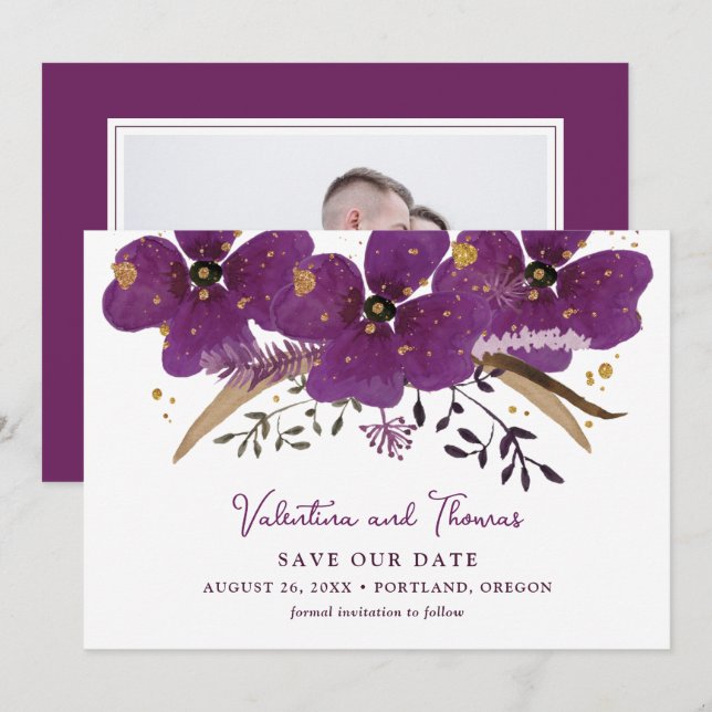 Purple Boho Watercolor Flowers Save The Date  Invitation (Front/Back)