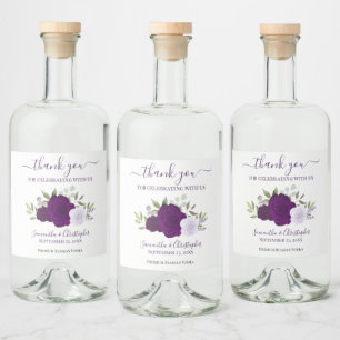 Purple Boho Watercolor Roses Wedding Thank You Liquor Bottle Label