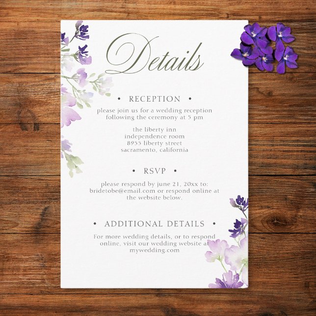 Purple Boho Wildflowers White Wedding Details Enclosure Card (Creator Uploaded)