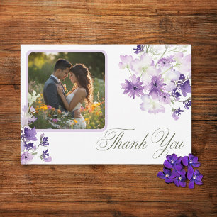 Purple Boho Wildflowers White Wedding Photo Thank You Card