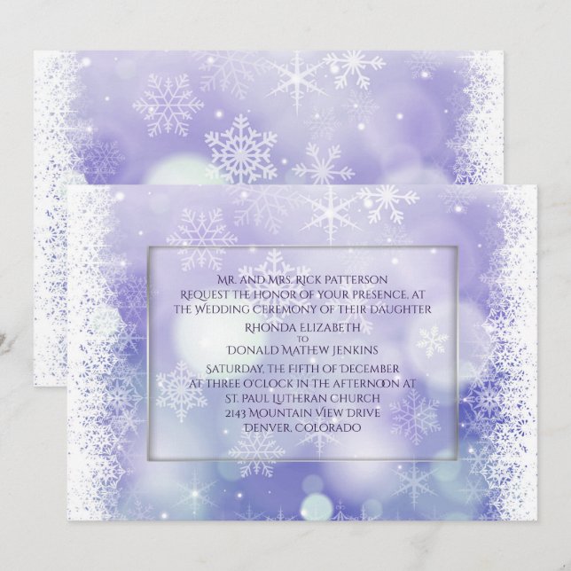 Purple Bokah Snowflakes Winter Wedding Invitation (Front/Back)