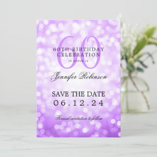 Purple Bokeh 60th Birthday Save Date / Details Invitation
