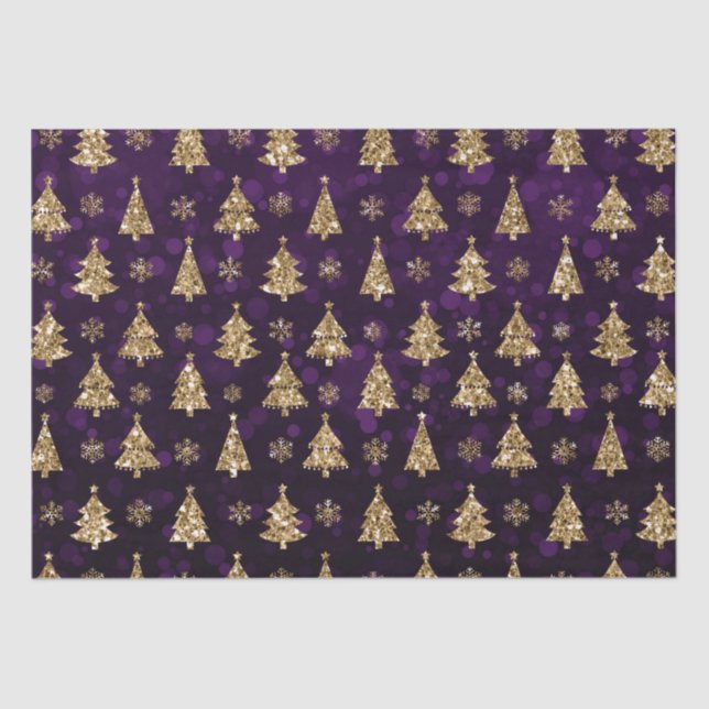 Purple Bokeh and Gold Glitter Christmas Trees Tissue Paper (Front)