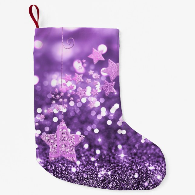 Purple Bokeh Faux Glitter & Stars Small Christmas Stocking (Front)