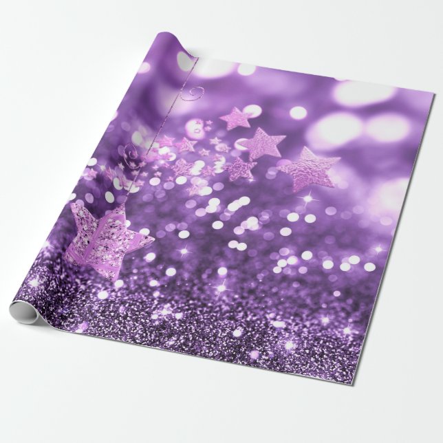 Purple Bokeh Faux Glitter & Stars Wrapping Paper (Unrolled)