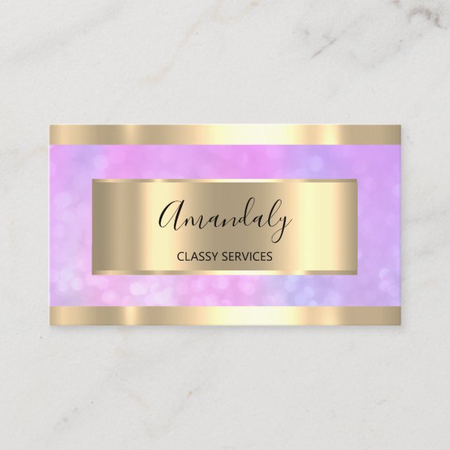 Purple Bokeh Gold Professional Makeup Nails Pink Business Card (Front)