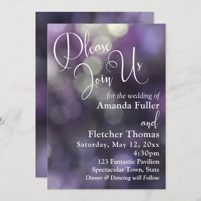 Purple Bokeh Light & Typography 32 Wedding 2 Invitation (Front/Back)