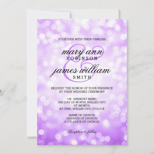 Purple Bokeh Lights Elegant Wedding Invitation (Front)