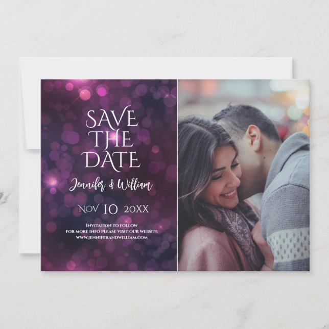 Purple Bokeh Sparkle Design Wedding Save The Date (Front)