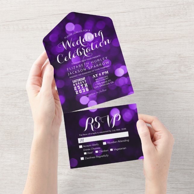 Purple Bokeh Sparkle Glitter Lights Wedding RSVP All In One Invitation (Tearaway)