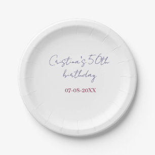 purple bold 50 birthday anniversary add name date paper plate
