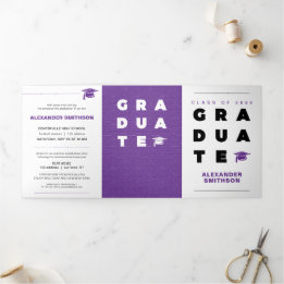 Purple Bold GRADUATE Letters and Cap Graduation Tri-Fold Announcement