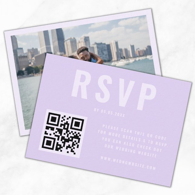 Purple Bold Typography QR Code Photo Wedding RSVP Enclosure Card (Creator Uploaded)