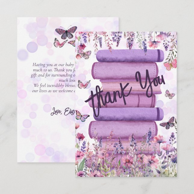 Purple Book Stack Wildflowers Butterflies Script Thank You Card (Front/Back)