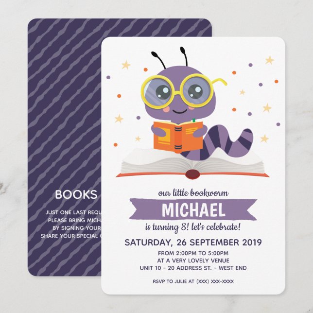 Purple Bookworm Book Birthday Party Invitation (Front/Back)