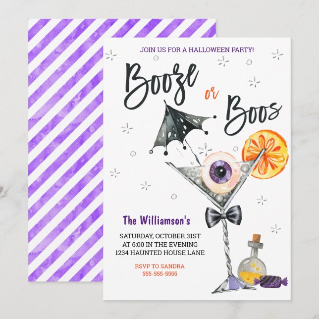 Purple Boo's or Booze Halloween Party Invitation (Front/Back)