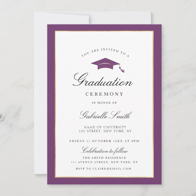 purple border graduation ceremony invitation (Front)