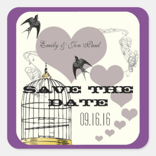 Purple Borders Bird Cage & Hearts Weddings Square Sticker