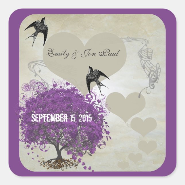 Purple Borders Heart Leaf Tree Weddings Square Sticker (Front)