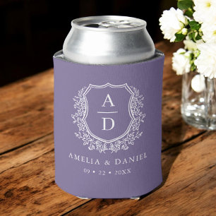 Purple Botanical Crest Modern Monogram Wedding  Can Cooler