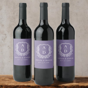 Purple Botanical Crest Modern Monogram Wedding  Wine Label