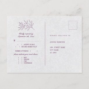 Purple Botanical Elegant Wedding Meal Choice RSVP Postcard