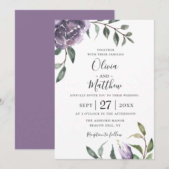 Purple Botanical Floral Wedding Invitation (Front/Back)