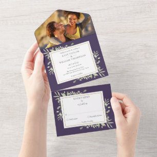 Purple Botanical Greenery Leaves Photo Wedding All In One Invitation