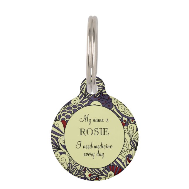 Purple Botanical Pattern Personalised Small Pet Tag (Front)