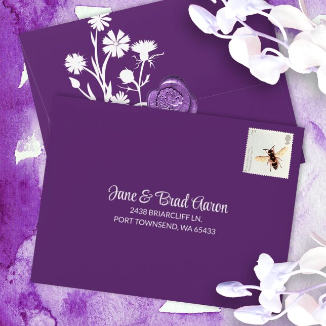 Purple Botanical, Pre-addressed RSVP Envelope (plum purple bat mitzvah rsvp reply response card envelopes smaller envelopes for enclosure cards)