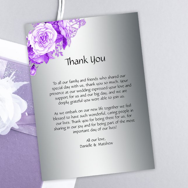 Purple Botanical Roses in Silver Wedding  Thank You Card (Creator Uploaded)