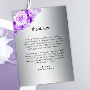 Purple Botanical Roses in Silver Wedding  Thank You Card