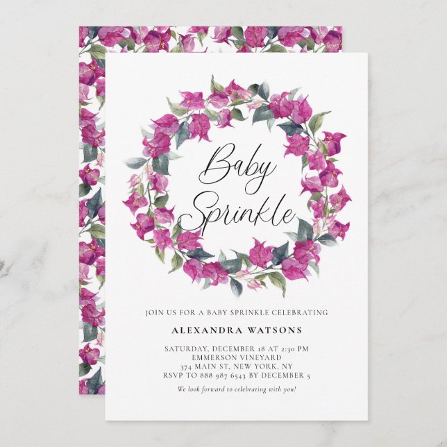 Purple Bougainvillea Wreath Baby Sprinkle Shower Invitation (Front/Back)